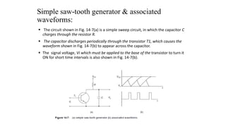 Simple saw-tooth generator & associated
waveforms:
 The circuit shown in Fig. 14-7(a) is a simple sweep circuit, in which the capacitor C
charges through the resistor R.
 The capacitor discharges periodically through the transistor T1, which causes the
waveform shown in Fig. 14-7(b) to appear across the capacitor.
 The signal voltage, Vi which must be applied to the base of the transistor to turn it
ON for short time intervals is also shown in Fig. 14-7(b).
 
