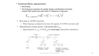 High-speed logic: Measurement (v.9a) 189
• Combined effects: approximation
• Serial delay
• The frequency response of a probe, being a combination of several
random filter poles near each other in frequency, is Gaussian.
2
1
2
2
2
2
1
_ )
( N
composite
rise T
T
T
T 






 Rise time is 10-90% rise time
 When figuring a composite rise time, the squares of 10-90% rise times add
 Manufacturer usually quotes 3-db bandwidth F3db
 approximations T10-90= 0.338/F3dB for each stage (obtained by simulation)
 