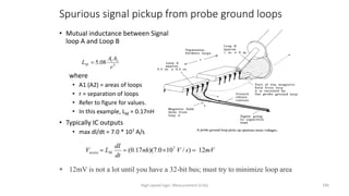 High-speed logic: Measurement (v.9a) 196
Spurious signal pickup from probe ground loops
3
2
1
08
.
5
r
A
A
LM 
mV
s
V
nh
dt
dI
L
V M
noise 12
)
/
10
0
.
7
)(
17
.
0
( 7




• Mutual inductance between Signal
loop A and Loop B
where
• A1 (A2) = areas of loops
• r = separation of loops
• Refer to figure for values.
• In this example, LM = 0.17nH
• Typically IC outputs
• max dl/dt = 7.0 * 107 A/s
 12mV is not a lot until you have a 32-bit bus; must try to minimize loop area
 