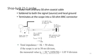 High-speed logic: Measurement (v.9a) 201
Shop-built 21:1 probe
• Make from ordinary 50 ohm coaxial cable
• Soldered to both the signal (source) and local ground
• Terminates at the scope into a 50-ohm BNC connector
 Total impedance = 1K + 50 ohms;
if the scope is set to 50 mv/divison,
the measured value is = 50 * (1050/50) = 1.05 V/division
 