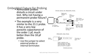 High-speed logic: Measurement (v.9a) 204
Embedded Fixture for Probing
• Removable probes
disturb a circuit under
test. Why not having a
permanent probe fixture?
• The example is a very
similar to the 21:1 probe.
It has a very low
parasitic capacitance of
the order 1 pf, much
better than the 10 pf
probe.
• Use the jumper to select
external probe or
internal terminator.
 