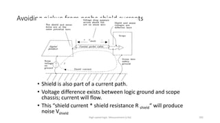 High-speed logic: Measurement (v.9a) 205
Avoiding pickup from probe shield currents
• Shield is also part of a current path.
• Voltage difference exists between logic ground and scope
chassis; current will flow.
• This “shield current * shield resistance R shield“ will produce
noise Vshield
 