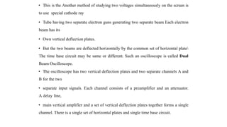 • This is the Another method of studying two voltages simultaneously on the screen is
to use special cathode ray
• Tube having two separate electron guns generating two separate beam Each electron
beam has its
• Own vertical deflection plates.
• But the two beams are deflected horizontally by the common set of horizontal plate
The time base circuit may be same or different. Such an oscilloscope is called Dual
Beam Oscilloscope.
• The oscilloscope has two vertical deflection plates and two separate channels A and
B for the two
• separate input signals. Each channel consists of a preamplifier and an attenuator.
A delay line,
• main vertical amplifier and a set of vertical deflection plates together forms a single
channel. There is a single set of horizontal plates and single time base circuit.
 