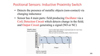 Positional Sensors: Inductive Proximity Switch
306
• Detects the presence of metallic objects (non-contact) via
changing inductance
• Sensor has 4 main parts: field producing Oscillator via a
Coil; Detection Circuit which detects change in the field;
and Output Circuit generating a signal (NO or NC)
Used in traffic lights (inductive loop buried under the road). Sense
objects in dirty environment.
Does not work for non-metallic objects. Omni-directional.
 