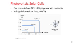 Photovoltaic Solar Cells
314
• Can convert about 20% of light power into electricity
• Voltage is low (diode drop, ~0.6V)
Solar power is 1.4kW/m^2
 