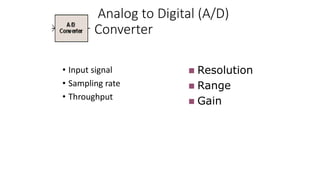 Analog to Digital (A/D)
Converter
• Input signal
• Sampling rate
• Throughput
 Resolution
 Range
 Gain
 