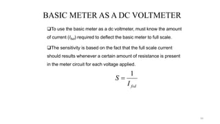50
BASIC METER AS A DC VOLTMETER
To use the basic meter as a dc voltmeter, must know the amount
of current (Ifsd) required to deflect the basic meter to full scale.
The sensitivity is based on the fact that the full scale current
should results whenever a certain amount of resistance is present
in the meter circuit for each voltage applied.
fsd
I
S
1

 