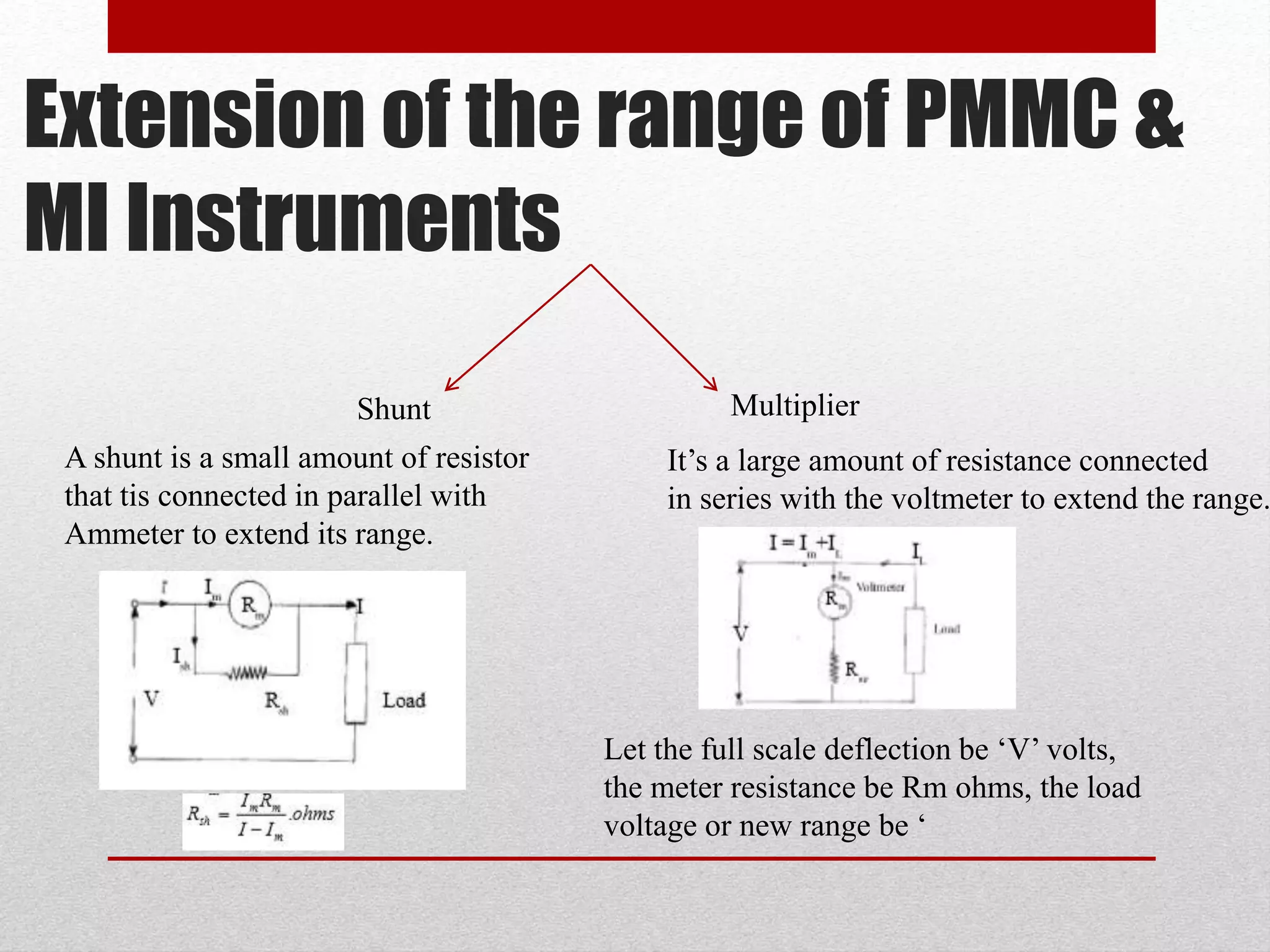 Extension of the range of PMMC &
MI Instruments
Shunt Multiplier
A shunt is a small amount of resistor
that tis connected in parallel with
Ammeter to extend its range.
It’s a large amount of resistance connected
in series with the voltmeter to extend the range.
Let the full scale deflection be ‘V’ volts,
the meter resistance be Rm ohms, the load
voltage or new range be ‘
 