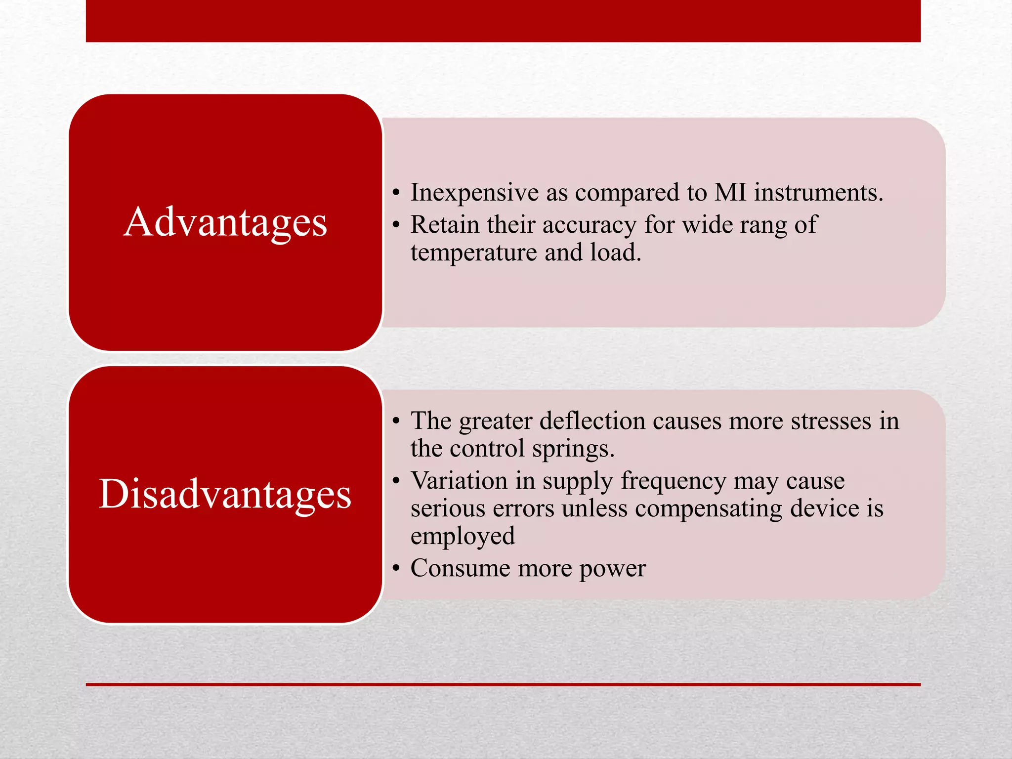 • Inexpensive as compared to MI instruments.
• Retain their accuracy for wide rang of
temperature and load.
Advantages
• The greater deflection causes more stresses in
the control springs.
• Variation in supply frequency may cause
serious errors unless compensating device is
employed
• Consume more power
Disadvantages
 