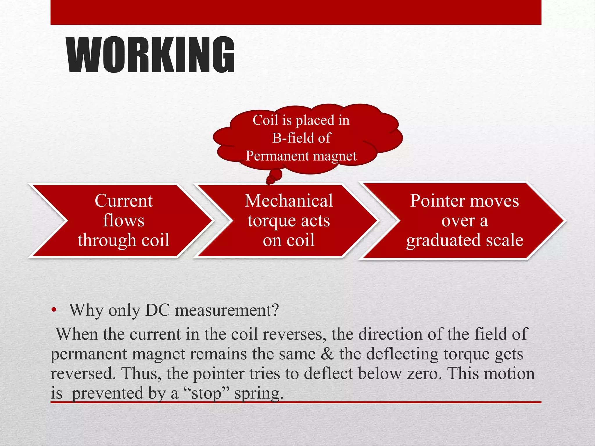 WORKING
• Why only DC measurement?
When the current in the coil reverses, the direction of the field of
permanent magnet remains the same & the deflecting torque gets
reversed. Thus, the pointer tries to deflect below zero. This motion
is prevented by a “stop” spring.
Current
flows
through coil
Mechanical
torque acts
on coil
Pointer moves
over a
graduated scale
Coil is placed in
B-field of
Permanent magnet
 