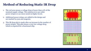 Method of Reducing Static IR Drop
1. The red area means a voltage drop of more than 10% of the
nominal supply voltage. The solution is to use wider
power stripes or use more metal on higher levels.
2. Additional power stripes are added to the design and
are marked in cyan and magenta.
3. This IR drop plot is made after an increase in the number of
power stripes. This plot shows a very low voltage drop,
which is required for a functional chip.
41
 