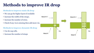 Methods to improve IR drop
Methods to improve static IR drop
• We can go for higher layers if available
• Increase the width of the straps.
• Increase the number of wires.
• Check if any via is missing then add more via.
Methods to improve dynamic IR drop
• Use de-cap cells.
• Increase the number of straps
42
Metal N+1 Metal N+1
Metal N
Metal N
Via Via
 