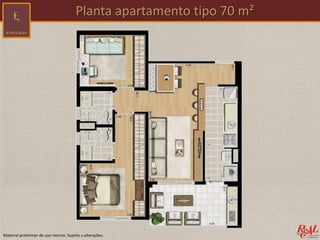 Material preliminar de uso interno. Sujeito a alterações.
Planta apartamento tipo 70 m²
 