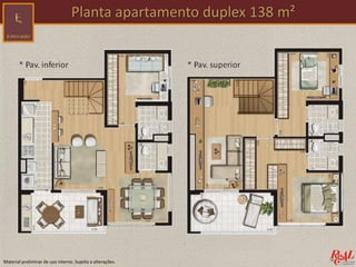Material preliminar de uso interno. Sujeito a alterações.
Planta apartamento duplex 138 m²
 
