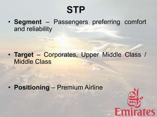 STP
• Segment – Passengers preferring comfort
and reliability
• Target – Corporates, Upper Middle Class /
Middle Class
• Positioning – Premium Airline
 