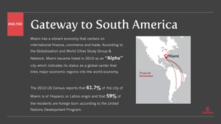 Gateway to South America
Miami has a vibrant economy that centers on
international finance, commerce and trade. According to
the Globalization and World Cities Study Group &
Network, Miami became listed in 2010 as an “Alpha”
city which indicates its status as a global center that
links major economic regions into the world economy.
The 2010 US Census reports that 61.7% of the city of
Miami is of Hispanic or Latino origin and that 59% of
the residents are foreign-born according to the United
Nations Development Program.
Proposed
Destination
Miami
ANALYSIS
 