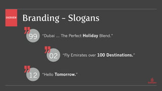 Branding - SlogansOVERVIEW
“Dubai ... The Perfect Holiday Blend.”99
“Hello Tomorrow.”12
“Fly Emirates over 100 Destinations.”02
 