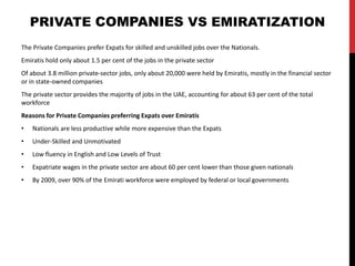 The Private Companies prefer Expats for skilled and unskilled jobs over the Nationals.
Emiratis hold only about 1.5 per cent of the jobs in the private sector
Of about 3.8 million private-sector jobs, only about 20,000 were held by Emiratis, mostly in the financial sector
or in state-owned companies
The private sector provides the majority of jobs in the UAE, accounting for about 63 per cent of the total
workforce
Reasons for Private Companies preferring Expats over Emiratis
• Nationals are less productive while more expensive than the Expats
• Under-Skilled and Unmotivated
• Low fluency in English and Low Levels of Trust
• Expatriate wages in the private sector are about 60 per cent lower than those given nationals
• By 2009, over 90% of the Emirati workforce were employed by federal or local governments
PRIVATE COMPANIES VS EMIRATIZATION
 