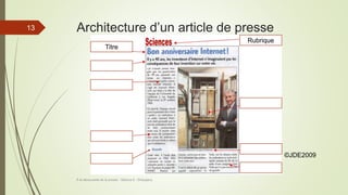 Architecture d’un article de presse
À la découverte de la presse - Séance 6 - ©Gaujacq
13
Titre
Rubrique
©JDE2009
 