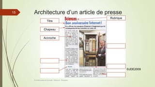 Architecture d’un article de presse
À la découverte de la presse - Séance 6 - ©Gaujacq
15
Chapeau
Titre
Accroche
Rubrique
©JDE2009
 