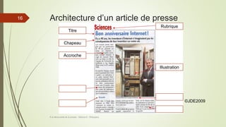 Architecture d’un article de presse
À la découverte de la presse - Séance 6 - ©Gaujacq
16
Chapeau
Titre
Accroche
Rubrique
Illustration
©JDE2009
 