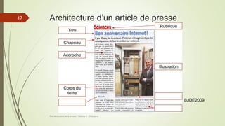 Architecture d’un article de presse
À la découverte de la presse - Séance 6 - ©Gaujacq
17
Chapeau
Titre
Accroche
Corps du
texte
Rubrique
Illustration
©JDE2009
 
