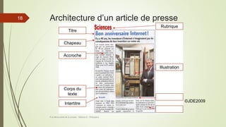 Architecture d’un article de presse
À la découverte de la presse - Séance 6 - ©Gaujacq
18
Chapeau
Titre
Accroche
Corps du
texte
Rubrique
Illustration
©JDE2009
Intertitre
 