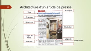 Architecture d’un article de presse
À la découverte de la presse - Séance 6 - ©Gaujacq
19
Chapeau
Titre
Accroche
Corps du
texte
Rubrique
Illustration
Légende
©JDE2009
Intertitre
 