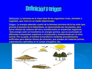 Definición:   La biomasa es la masa total de los organismo vivos, animales o vegetales, que viven en un medio determinado.  Origen:   La energía obtenida a partir de la biomasa proviene de la luz solar que, gracias al proceso de la fotosíntesis, es aprovechada por las plantas, para tomar dióxido de carbono del aire y transformarlo en sustancias orgánicas.    Esta energía solar se transforma en energía química, que es acumulada en diferentes compuestos orgánicos e incorporada y transformada por el reino animal. Por su parte, el hombre la transforma mediante procedimientos artificiales para obtener bienes de consumo, que pueden ser materias primas, subproductos aplicables en el campo energético, etc. Definición y origen 