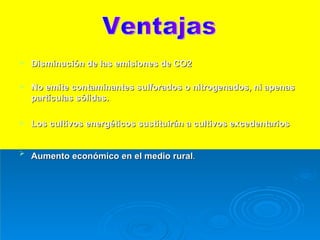 Disminución de las emisiones de CO2 No emite contaminantes sulforados o nitrogenados, ni apenas partículas sólidas.   Los cultivos energéticos sustituirán a cultivos excedentarios   Aumento económico en el medio rural .   Ventajas 