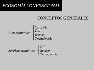 ECONOMÍA CONVENCIONALCONCEPTOS GENERALESTangibleÚtilEscasoTransferibleBien económico:ÚtilEscasoTransferibleServicio económico: