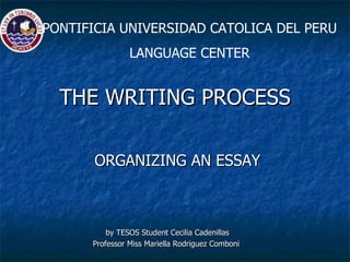 THE WRITING PROCESS ,[object Object],[object Object],[object Object],PONTIFICIA UNIVERSIDAD CATOLICA DEL PERU LANGUAGE CENTER 