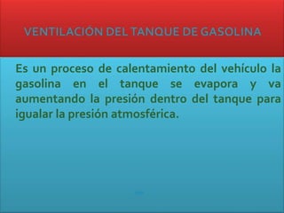 Es un proceso de calentamiento del vehículo la
gasolina en el tanque se evapora y va
aumentando la presión dentro del tanque para
igualar la presión atmosférica.
atrás
 