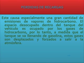 Este causa especialmente una gran cantidad de
emisiones de vapores de hidrocarbono. El
espacio desocupado dentro del tanque del
vehículo es ocupado por los gases de
hidrocarbono, por lo tanto, a medida que el
tanque se va llenando de gasolina, estos gases
son desplazados y forzados a salir a la
atmósfera.
atrás
 