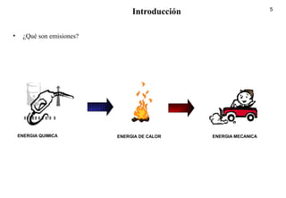 5
Introducción
• ¿Qué son emisiones?
ENERGIA QUIMICA ENERGIA DE CALOR ENERGIA MECANICA
 