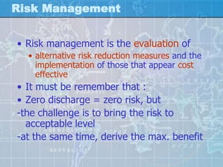 Risk Management


• Risk management is the evaluation of
  • alternative risk reduction measures and the
    implementation of those that appear cost
    effective
• It must be remember that :
• Zero discharge = zero risk, but
-the challenge is to bring the risk to
  acceptable level
-at the same time, derive the max. benefit
 