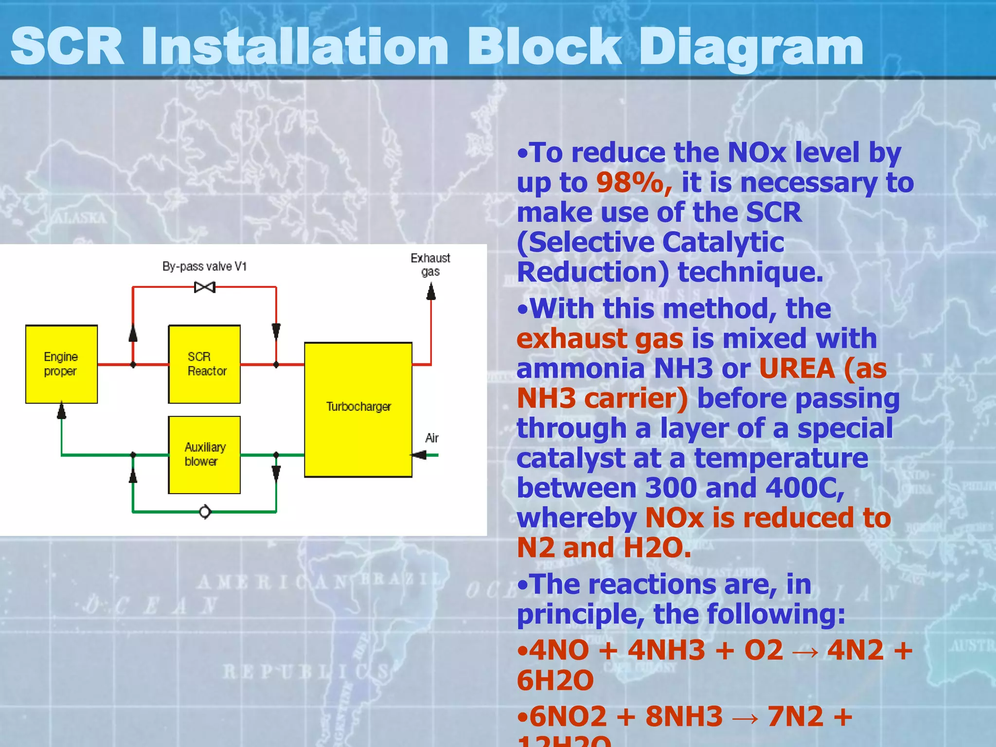 SCR Installation Block Diagram
                 •To reduce the NOx level by
                 up to 98%, it is necessary to
                 make use of the SCR
                 (Selective Catalytic
                 Reduction) technique.
                 •With this method, the
                 exhaust gas is mixed with
                 ammonia NH3 or UREA (as
                 NH3 carrier) before passing
                 through a layer of a special
                 catalyst at a temperature
                 between 300 and 400C,
                 whereby NOx is reduced to
                 N2 and H2O.
                 •The reactions are, in
                 principle, the following:
                 •4NO + 4NH3 + O2 → 4N2 +
                 6H2O
                 •6NO2 + 8NH3 → 7N2 +
 