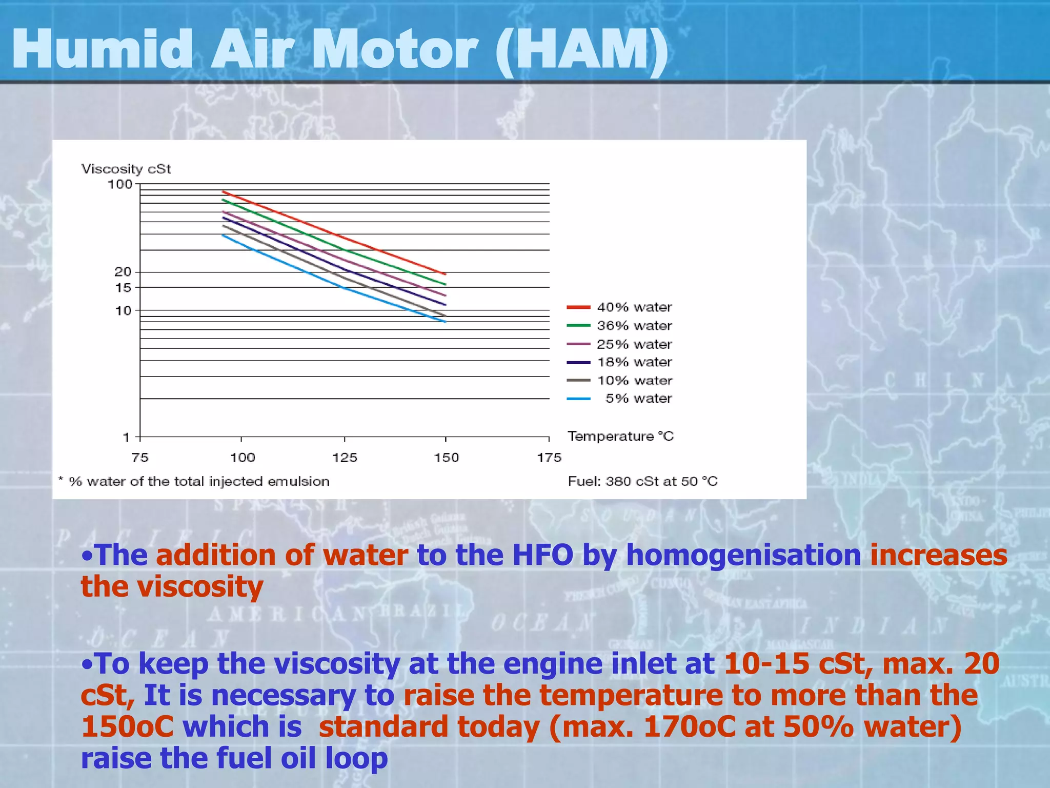 Humid Air Motor (HAM)




  •The addition of water to the HFO by homogenisation increases
  the viscosity

  •To keep the viscosity at the engine inlet at 10-15 cSt, max. 20
  cSt, It is necessary to raise the temperature to more than the
  150oC which is standard today (max. 170oC at 50% water)
  raise the fuel oil loop
 