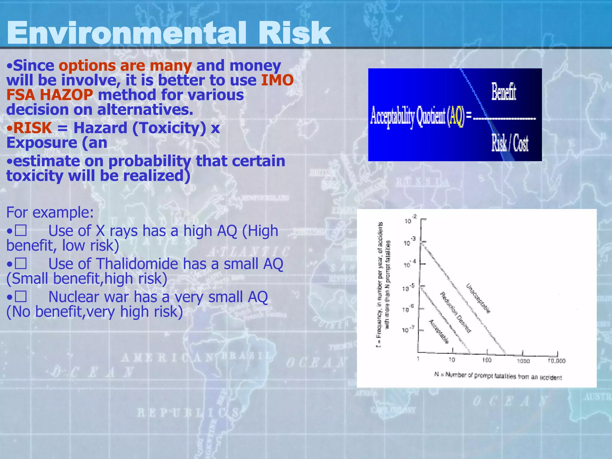 Environmental Risk
•Since options are many and money
will be involve, it is better to use IMO
FSA HAZOP method for various
decision on alternatives.
•RISK = Hazard (Toxicity) x
Exposure (an
•estimate on probability that certain
toxicity will be realized)

For example:
•􀁺 Use of X rays has a high AQ (High
benefit, low risk)
•􀁺 Use of Thalidomide has a small AQ
(Small benefit,high risk)
•􀁺 Nuclear war has a very small AQ
(No benefit,very high risk)
 