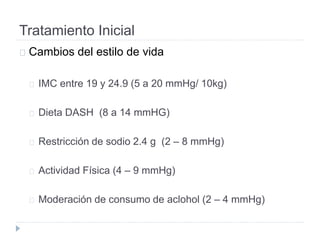 Tratamiento Inicial
Cambios del estilo de vida
IMC entre 19 y 24.9 (5 a 20 mmHg/ 10kg)
Dieta DASH (8 a 14 mmHG)
Restricción de sodio 2.4 g (2 – 8 mmHg)
Actividad Física (4 – 9 mmHg)
Moderación de consumo de aclohol (2 – 4 mmHg)
 