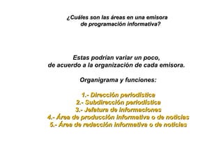 Estas podrían variar un poco,
de acuerdo a la organización de cada emisora.
Organigrama y funciones:
1.- Dirección periodística1.- Dirección periodística
2.- Subdirección periodística2.- Subdirección periodística
3.- Jefatura de informaciones3.- Jefatura de informaciones
4.- Área de producción informativa o de noticias4.- Área de producción informativa o de noticias
5.- Área de redacción informativa o de noticias5.- Área de redacción informativa o de noticias
¿Cuáles son las áreas en una emisora¿Cuáles son las áreas en una emisora
de programación informativa?de programación informativa?
 