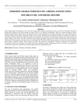 IJRET: International Journal of Research in Engineering and Technology ISSN: 2319-1163
__________________________________________________________________________________________
Volume: 02 Issue: 05 | May-2013, Available @ http://www.ijret.org 793
EMISSION CHARACTERISTICS OF A DIESEL ENGINE USING
SOYABEAN OIL AND DIESEL BLENDS
N.A. Ansari1
, Jitendra Kumar2
, Amitkumar3
, DhananjayTrivedi4
1
Asst. Professor, 2, 3, 4
M.Tech Scholars, Department of Mechanical Engineering, Delhi Technological University,
New Delhi, India,
mach_jeetu28575@yahoomail.com, amitkumar_ntpc@yahoo.co.in, dhan1989@gmail.com
Abstract
Diesel engines have been playing a vital role in the transportation and power generation sectors since from its invention. Despite of
having better efficiency with diesel engine, the main concern is on emission of pollutants. There are various methods to reduce
pollutant emission from a diesel engine. The prominent way to reduce pollutants is the usages of bio fuels with some modifications in
the diesel engine. Diesel engine simulation models can be used to understand the combustion performance, prediction of emission
concentration. These models can reduce the number of experiments. In this study, the performance and emissions characteristics of
single cylinder, four stroke, and direct injection diesel engine operating on diesel and soybean blends have been investigated
theoretically. The variations of various species concentration like CO2,CO and NOx with equivalence ratio have been analysed using
diesel engine simulation models. These models can reduce the number of experiments. Computer simulation has contributed
enormously towards new evaluation in the field of internal combustion engines. Mathematical tools have become very popular in
recent years owing to the continuously increasing improvement in computational power.
Index terms: Emissions, Bio fuels, Simulation Models
-----------------------------------------------------------------------***-----------------------------------------------------------------------
1. INTRODUCTION
Diesel engine being most efficient engine today, plays an
important role in transportation, agricultural sector and to meet
many other basic human need. The petroleum fuels play a very
important role in the development of industrial growth. As the
fossil fuel resources are depleting day by day because of their
lavish consumption; hence it is imperative to find an
alternative environment friendly fuel. We all are well aware
that the emission from diesel engines has been a great source
of concern from an environmental point of view, especially
oxides of nitrogen (NOX), smoke and particulates.
Table1.shows the continuous reduction in emissions standards
set for Diesel engines.. Biodiesel is one of the best available
sources to fulfil the energy demand of the world. India is
importing more than 80% of its fuel demand and spending a
huge amount of foreign currency on petroleum fuels as India
accounts only 0.7%( 9.0 billion barrels) share of global proven
oil reserves. Biodiesel is gaining more and more importance as
an attractive fuel due to the depleting nature of fossil fuel
resources.
1.1 Alternative Fuels Technologies:
The use of alternative fuels technologies can provide
significant reductions in NOx and PM emissions, especially in
Diesel engines for on-road, and off-road applications. The
introduction of alternative fuels for internal combustion
engines is likely to occur at an increasing rate.There are some
following reasons to adopt other type of renewable fuels
which can be used in vehicle.
(i) Decrease the dependency on import petroleum
product.
(ii) Utilization of agricultural surpluses.
(iii) Use of renewable energy.
(iv) Environmental benefits.
(v) Public health.
Table1:Emission standards in recent years.
Capacity of
Diesel
engine
Date of
implementat
ion
Emission Limits
(g/kW-hr)
NOx HC CO
Up to 19
kW
1-7-2005 9.2 1.3 3.5
Up to 19
kW
1-1-2004 9.2 1.3 5.0
1.2 Bio Diesel:
Bio diesel is nothing but mono alkyl ester of long chain fatty
acids mainly derived from vegetable oils or animal fats. Bio
diesel can be blended at any ratio with petroleum diesel to
create a bio diesel blend. It can be used in compression
ignition engines with little or no modifications in filter and
injector. Bio diesel is biodegradable, nontoxic and essentially
 