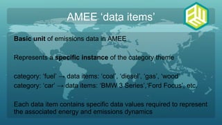 AMEE ‘data items’ Basic unit  of emissions data in AMEE Represents a  specific instance  of the category theme category: ‘...