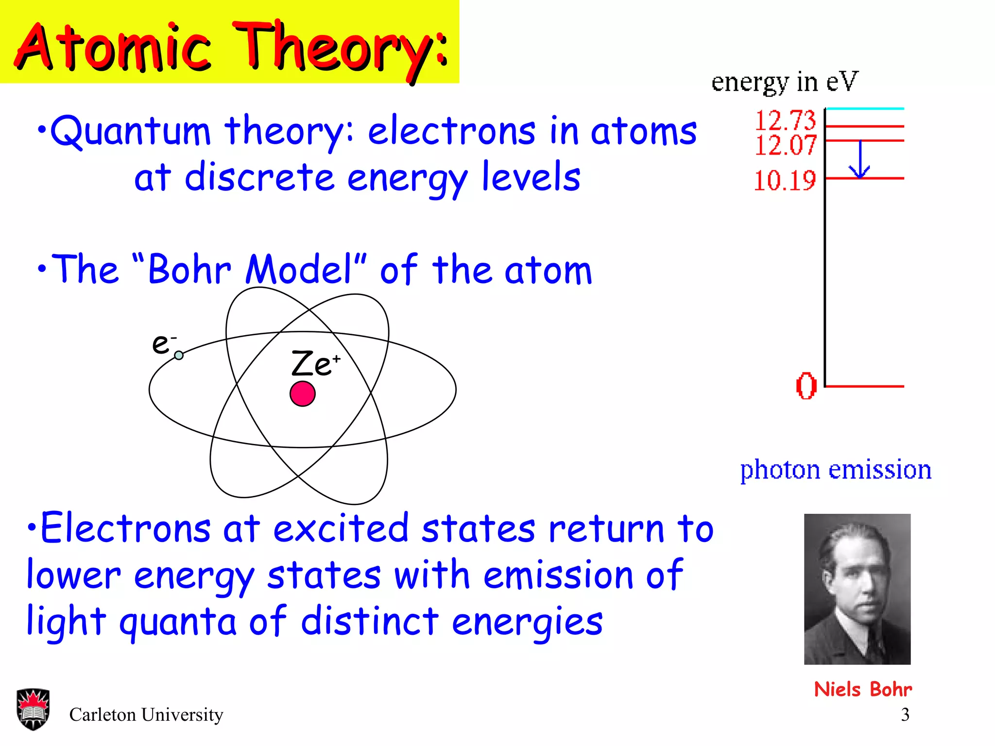 Atomic Theory: Quantum theory: electrons in atoms  at discrete energy levels The “Bohr Model” of the atom Niels Bohr Electrons at excited states return to lower energy states with emission of light quanta of distinct energies Ze + e - 