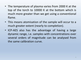•Thetemperatureofplasmavariesfrom2000Katthetopofthetorchto10000Katthebottomwhichismuchmoregreaterthanwegetusingaconventionalflame. 
•Thismeansatomisationofthesamplewilloccurtoamuchgreaterextent(nearlytocompletion). 
•ICP-AESalsohastheadvantageofhavingalargedynamicrange,i.e.sampleswithconcentrationsoverseveralordersofmagnitudecanbeanalysedfromthesamecalibrationcurve. 
8 
 