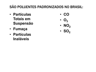 SÃO POLUENTES PADRONIZADOS NO BRASIL:

• Partículas             •   CO
  Totais em              •   O3
  Suspensão
                         •   NO2
• Fumaça
                         •   SO2
• Partículas
  Inaláveis
 