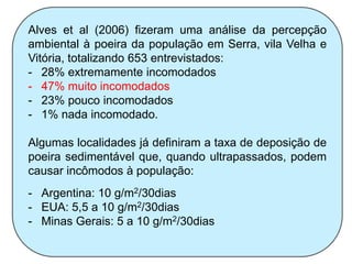 Alves et al (2006) fizeram uma análise da percepção
ambiental à poeira da população em Serra, vila Velha e
Vitória, totalizando 653 entrevistados:
- 28% extremamente incomodados
- 47% muito incomodados
- 23% pouco incomodados
- 1% nada incomodado.

Algumas localidades já definiram a taxa de deposição de
poeira sedimentável que, quando ultrapassados, podem
causar incômodos à população:
- Argentina: 10 g/m2/30dias
- EUA: 5,5 a 10 g/m2/30dias
- Minas Gerais: 5 a 10 g/m2/30dias
 