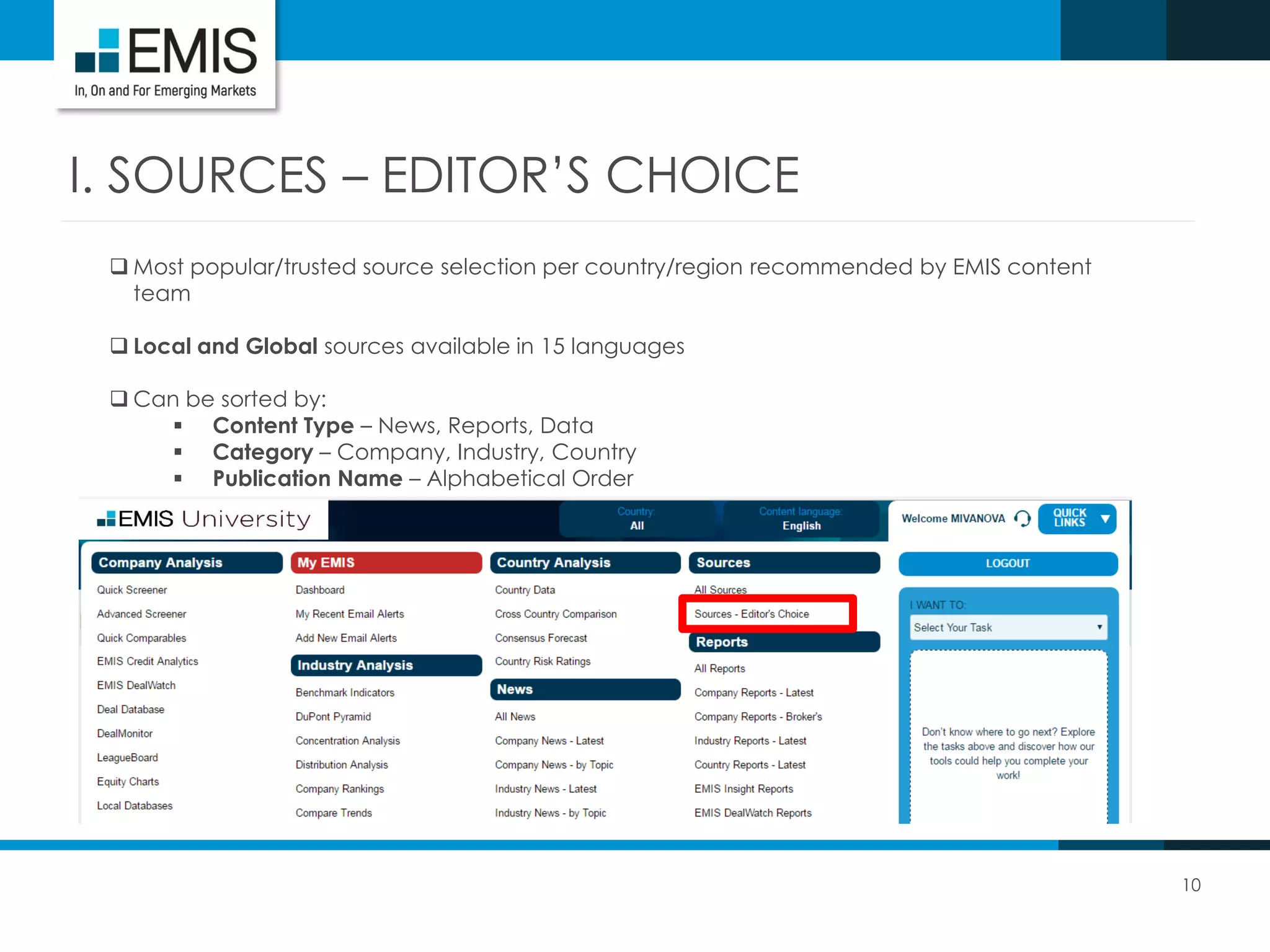 10
I. SOURCES – EDITOR’S CHOICE
 Most popular/trusted source selection per country/region recommended by EMIS content
team
 Local and Global sources available in 15 languages
 Can be sorted by:
 Content Type – News, Reports, Data
 Category – Company, Industry, Country
 Publication Name – Alphabetical Order
 