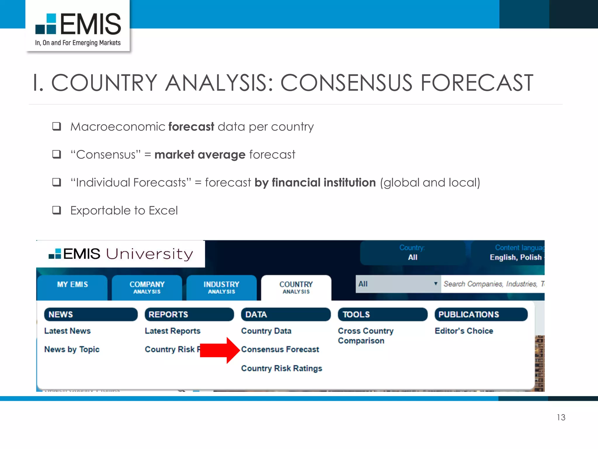 13
I. COUNTRY ANALYSIS: CONSENSUS FORECAST
 Macroeconomic forecast data per country
 “Consensus” = market average forecast
 “Individual Forecasts” = forecast by financial institution (global and local)
 Exportable to Excel
 