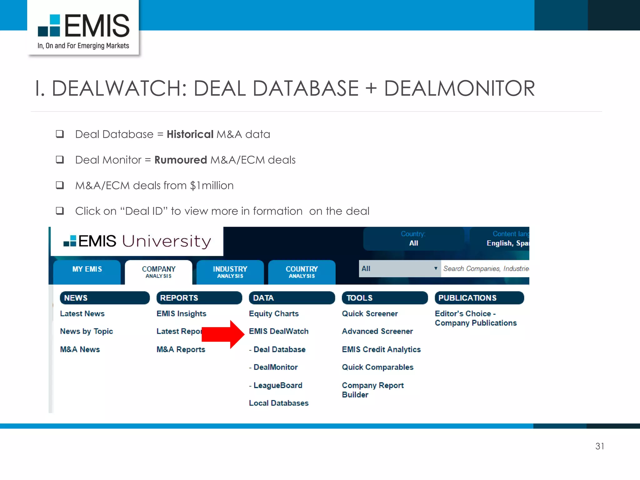 31
I. DEALWATCH: DEAL DATABASE + DEALMONITOR
 Deal Database = Historical M&A data
 Deal Monitor = Rumoured M&A/ECM deals
 M&A/ECM deals from $1million
 Click on “Deal ID” to view more in formation on the deal
 